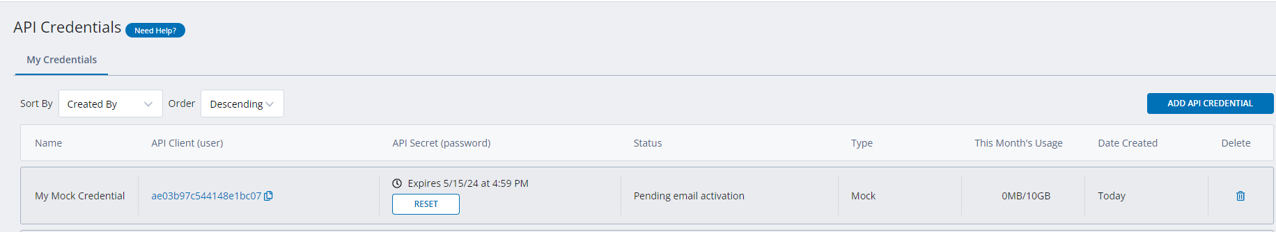 API Console- My Credential Tab